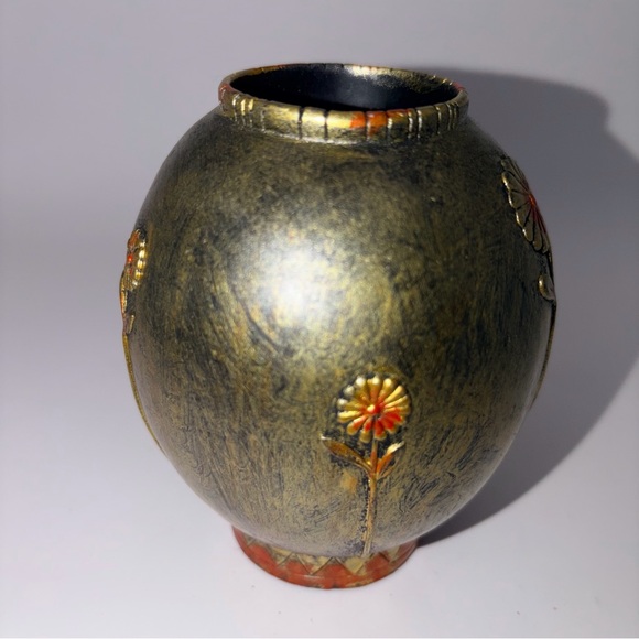 Art Pottery Face Vase | Art Nouveau Style | Gold Orange Floral Sculptural Decor - Picture 4 of 11